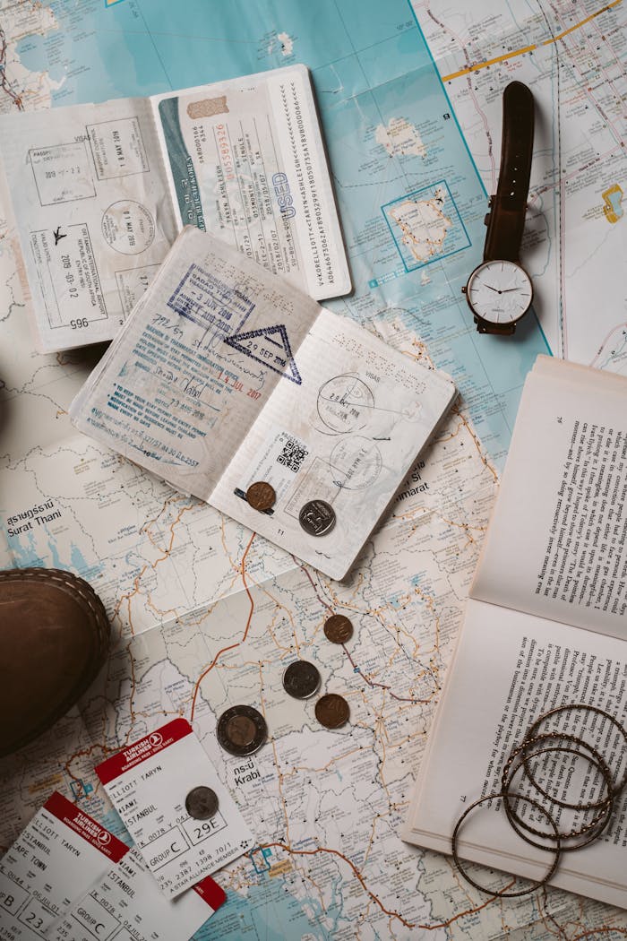 About Explore wanderlust with flatlay of passport, map, and travel essentials.